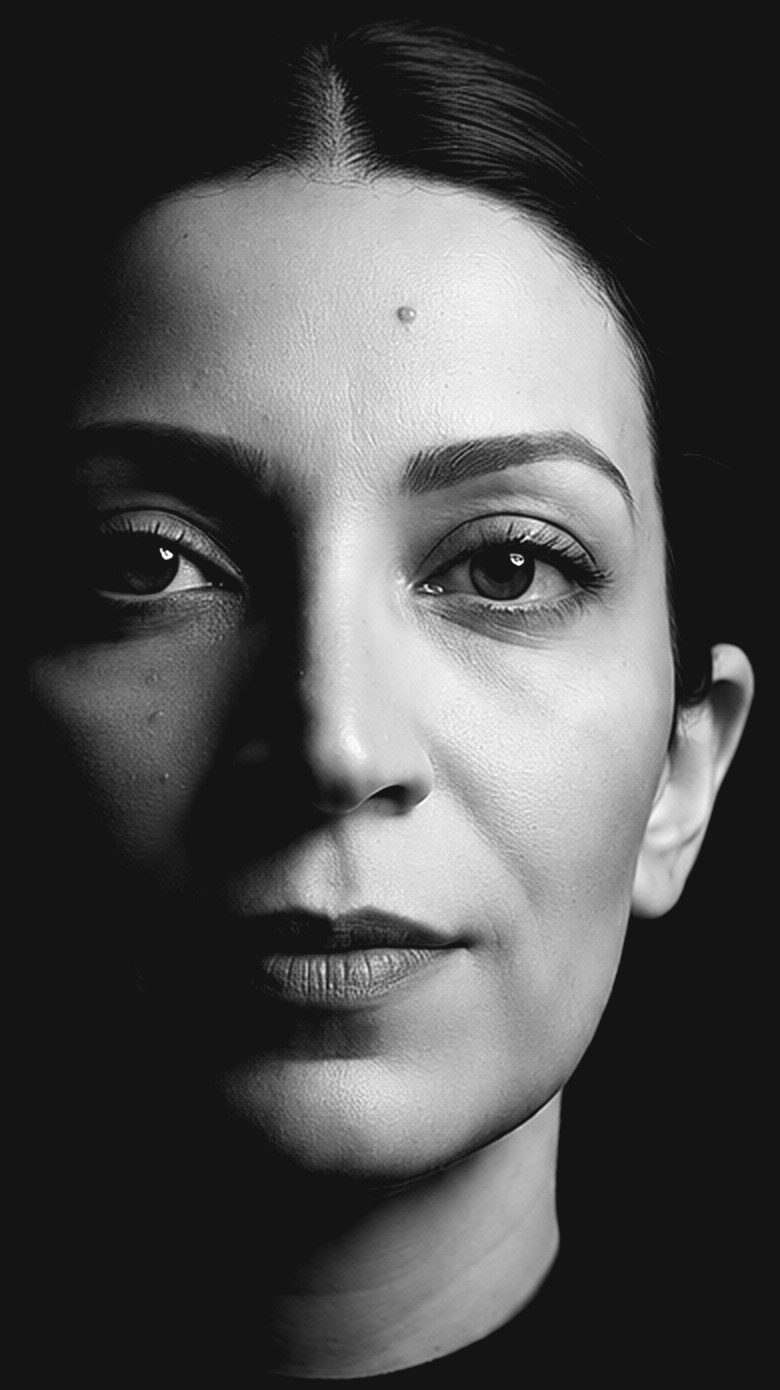 Portrait de Yosra Zghonda en noir et blanc, le visage à moitié dans l’ombre